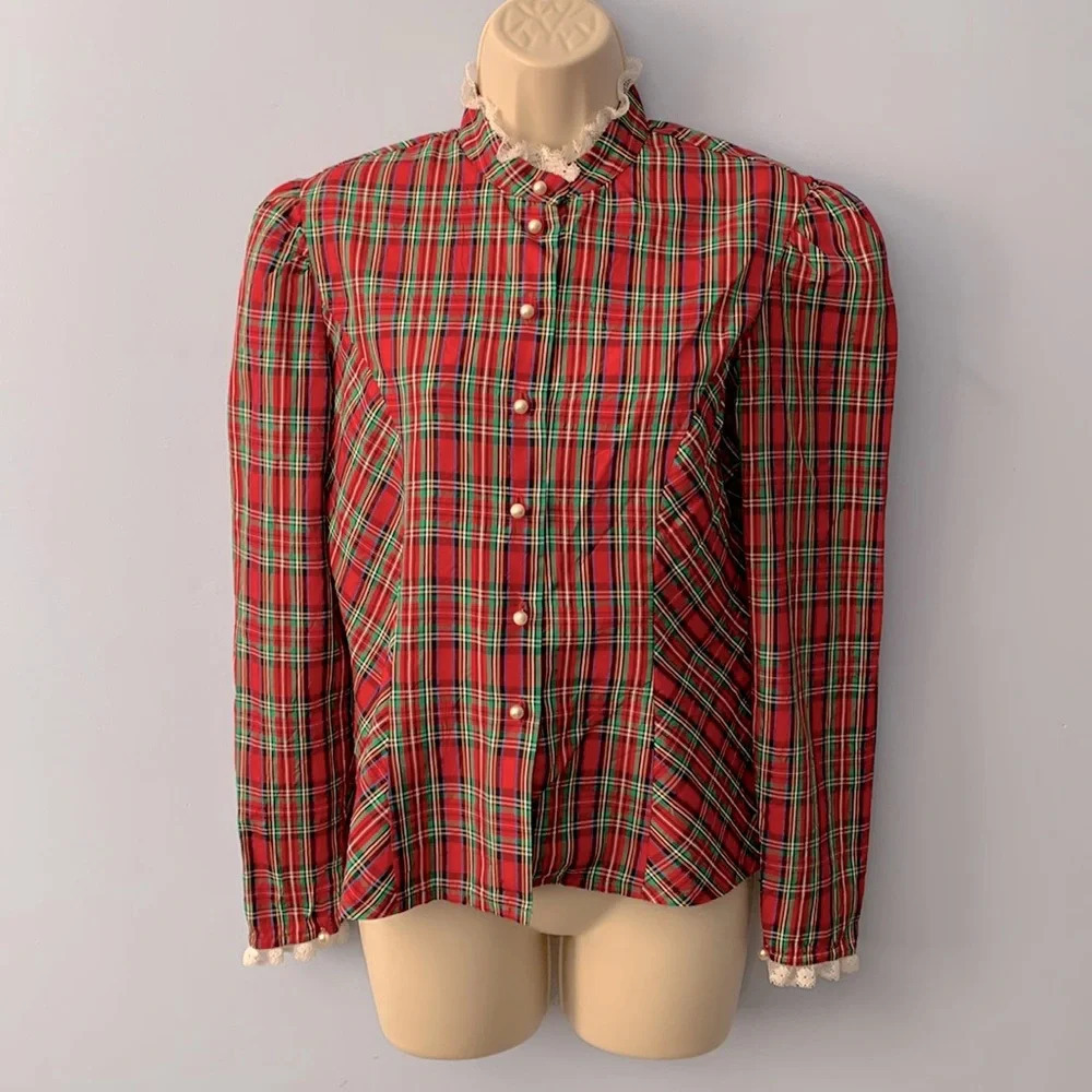 Courtwell 80’s Victorian prairie scotch plaid tartan red Pearl blouse size Med